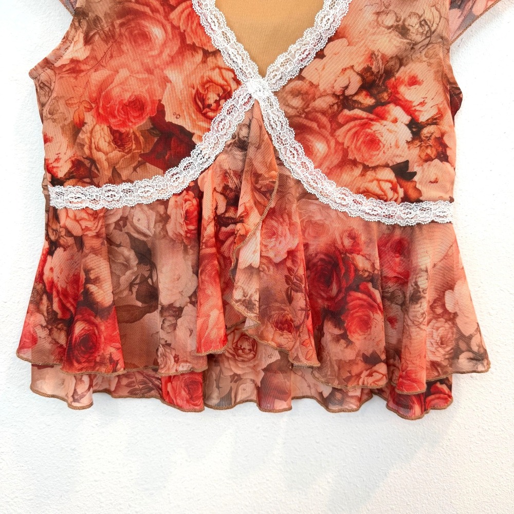 Rebellious Dreamer Floral Babydoll Top Size S Mesh Sheer Y2K Romantic Fairy - Picture 4 of 6